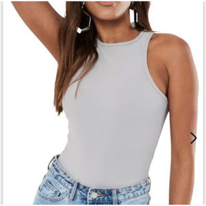 Missguided Tall Grey Ribbed High Neck Razor Back Bodysuit Size 8